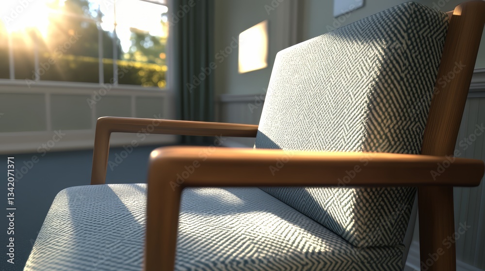 Poster Chair with a blue and white checkered pattern is sitting in a room with sunlight streaming in through a window