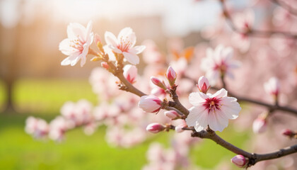 Obraz premium Blooming cherry blossoms on tree branch against sunny background
