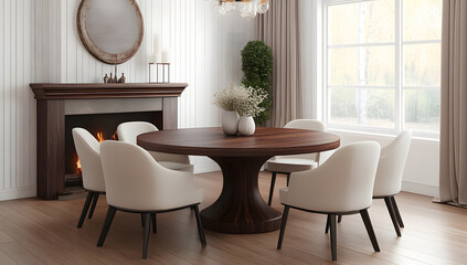 Elegant Dining Room Design with Modern Round Table and Fireplace