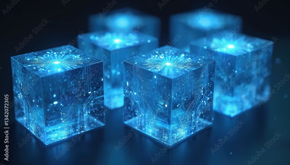 Poster Glowing blue glass cubes with abstract patterns. Digital tech concept. Modern futuristic three-dimensional render with shiny reflective light surface on dark background. Geometric design, transparent