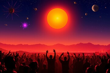 Fototapeta premium Cosmic Celebration: A Massive Crowd Enjoys a Celestial Event Under a Vibrant Sunset