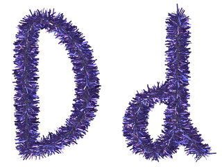Shiny purple tinsel in letter D. 3d rendering.