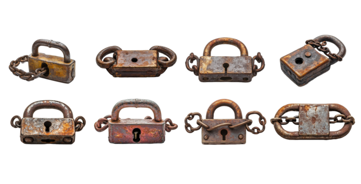 Collection of Eight Antique Rusty Padlocks with Chains on White Background isolated with Transparent Background