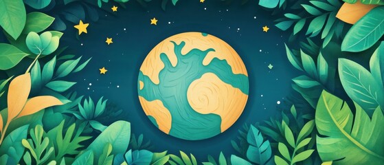 Illustrated Earth surrounded by lush green foliage and twinkling stars, symbolizing nature, environment, and sustainability