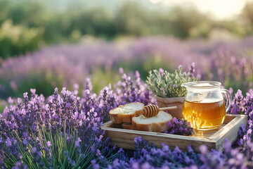 A charming picnic in a blooming lavender field with a rustic wooden tray holding fresh bread, honey, and herbal tea. Soft sunlight enhances the romantic countryside setting. 