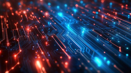 Fototapeta premium Abstract Digital Circuit Board with Glowing Red and Blue Lines