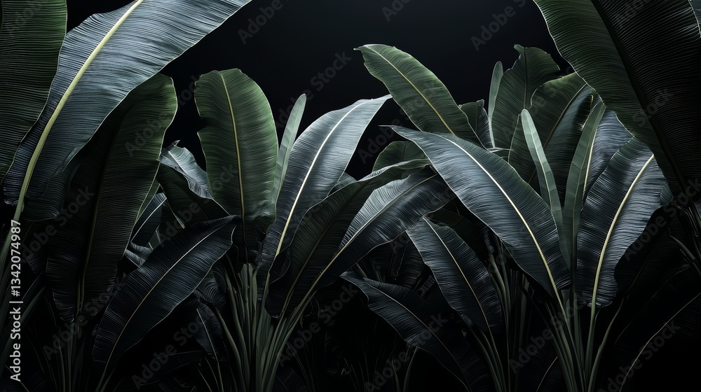 Poster close up of a forest of green leaves with a dark background. the leaves are large and the forest is 