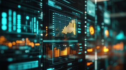 Futuristic Data Visualization Interface in Neon Colors on Dark Background