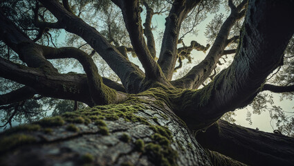 Fototapeta premium Majestic ancient tree with sprawling moss-covered branches viewed from below.