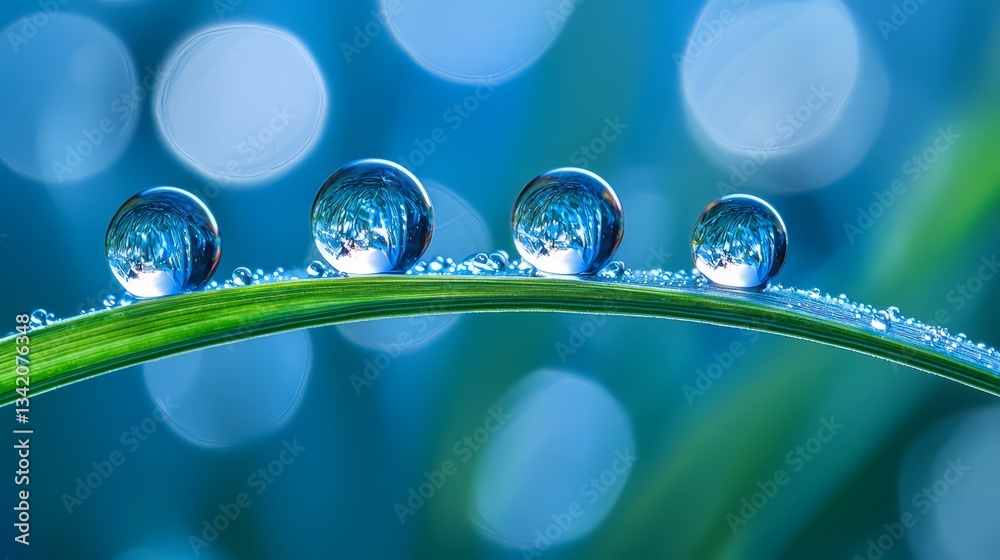 Aufkleber close up of a leaf with four drops of water on it. the water droplets are clear and shiny, reflectin