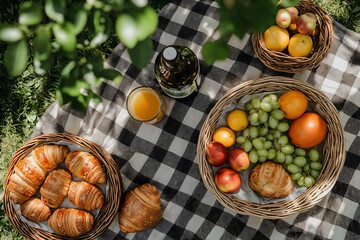 A beautiful spring picnic scene in a lush green park. A checkered blanket is spread out with a wicker basket filled with fresh fruits, croissants, and a bottle of juice. 