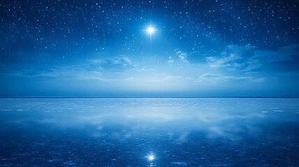 A brilliant star shines brightly above a serene blue water surface