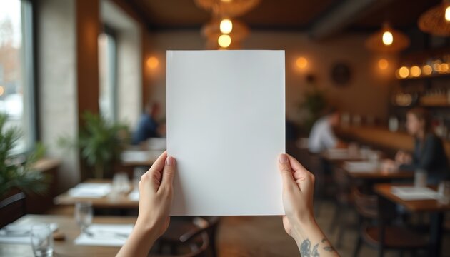 Hands hold blank paper in restaurant. White empty sheet for menu, price list mock-up. Place your design, text, image. Customers in cozy cafe in blurred background. Promotion template.