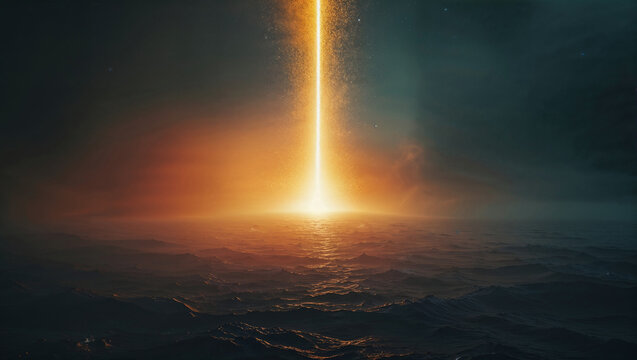 Surreal seascape with glowing vertical beam of light breaking through dark stormy clouds.