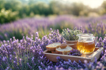 A charming picnic in a blooming lavender field with a rustic wooden tray holding fresh bread, honey, and herbal tea. Soft sunlight enhances the romantic countryside setting