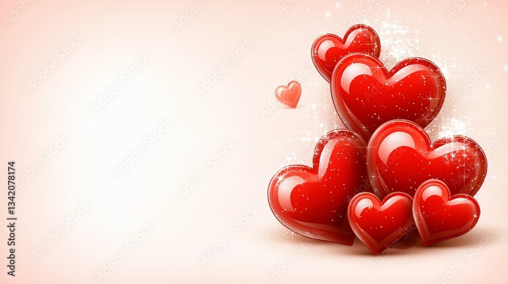 Fototapete close up of five red hearts on a white background. the hearts are arranged in a pyramid shape, with 