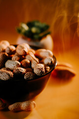 Bowl of roasted peanuts with warm tones and a succulent plant in the background