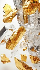 Shattered glass and gold fragments create an abstract, luxurious composition.