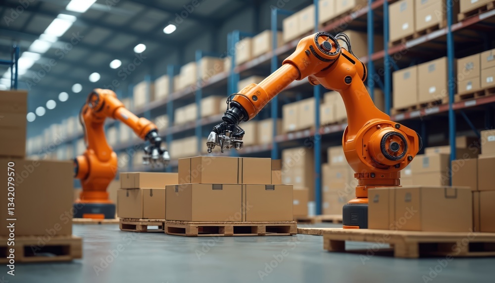Poster AI powered robotic arms stack boxes onto pallets in smart warehouse. Automated system manages storage products. Orange robots transform manufacturing industry, futuristic logistic, distribution.