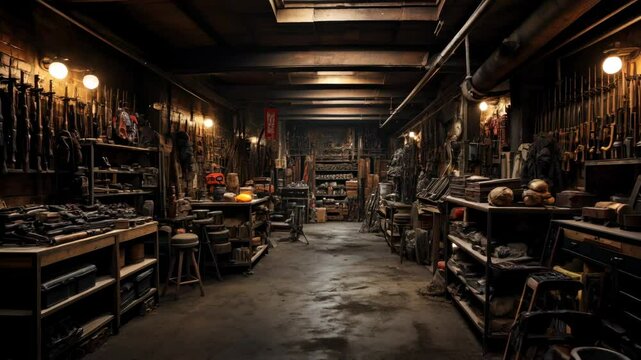 Weapon inside military store, boxes of guns in dark warehouse, arsenal in shop or storage, concept of war, industry