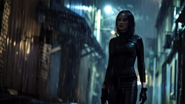 Young woman walks holding gun at night, armed mercenary or killer on dark street, concept of spy, action movie, murderer, weapon