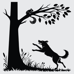 a dog chasing a squirrel up a tree  image silhouette design vector art and illustration