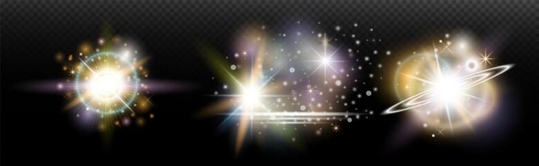 Obraz premium Set of flash light effect with glare and glow on a transparent background. Magic, rainbow glow, shining light, stars, optical flares for design, photomontage, New Year and holiday projects.