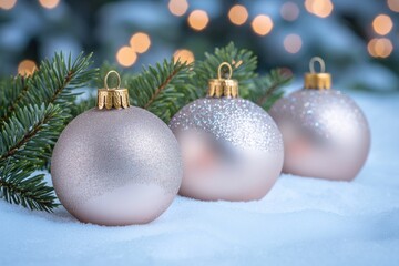 Elegant blush pink Christmas ornaments nestled in the snow, adorned with glitter and resting on a snowy surface with pine branches.