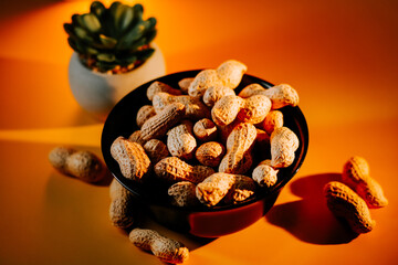Mixed raw peanuts arranged in a black bowl on a warm orange background with a succulent plant nearby