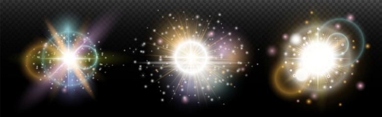 Fototapeta premium Set of flash light effect with glare and glow on a transparent background. Magic, rainbow glow, shining light, stars, optical flares for design, photomontage, New Year and holiday projects.