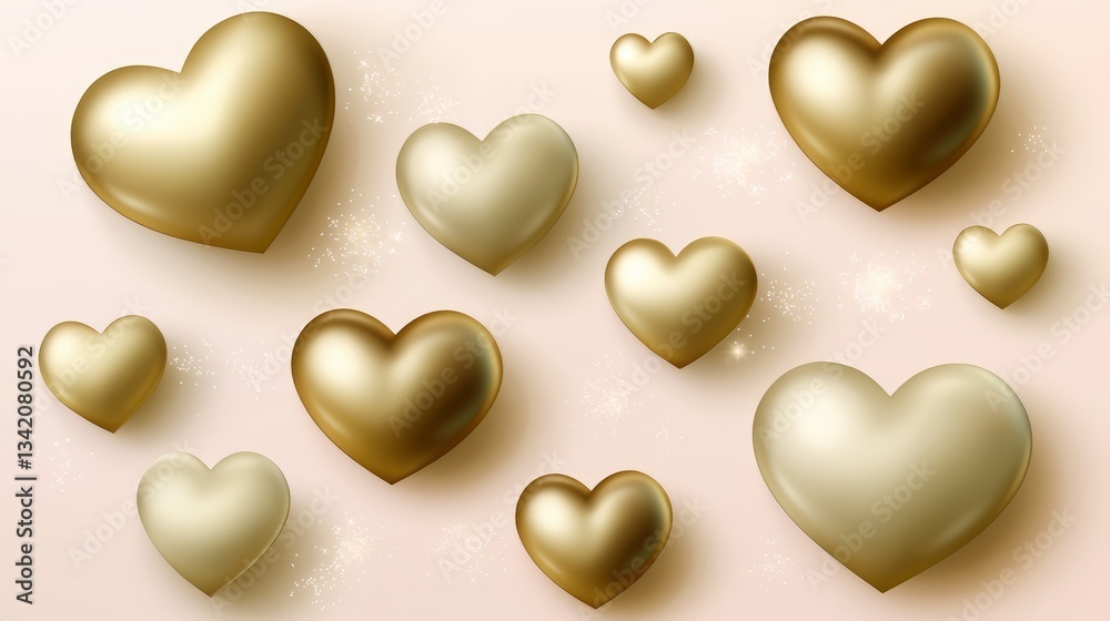 Leinwandbilder Collection of gold hearts are arranged in a pattern on a white background. The hearts are of various sizes and are scattered throughout the image. Scene is one of warmth and affection