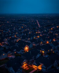 Aerial View of a Suburban Neighborhood at Dusk with Illuminated Homes