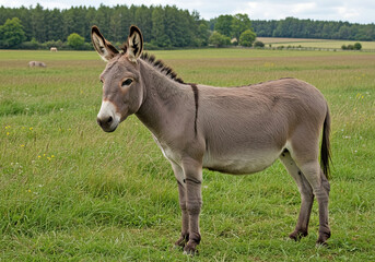 Obraz premium A donkey on the grass against the green landscape.