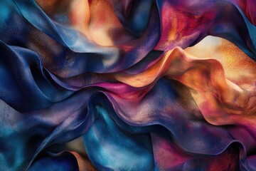 Obraz premium Abstract art depicting swirling, textured fabric in deep blues, purples, and oranges.