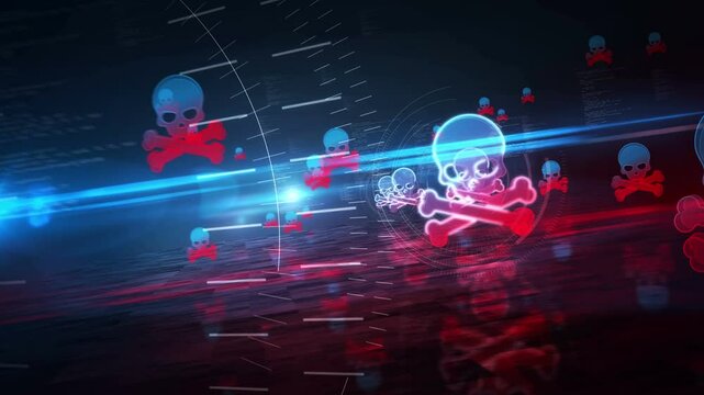 Skull cyber pirates and hacking cyberattack symbol on looped abstract digital background. Flight by 3d icons cyber technology concept seamless loopable animation.