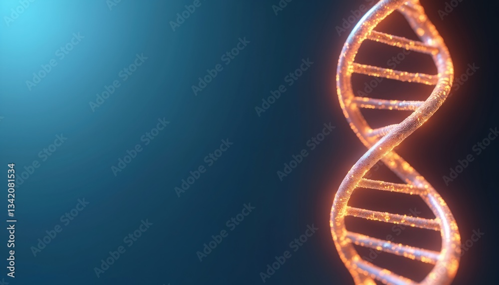 Poster illuminated dna double helix 3d model on gradient blue background. futuristic medical tech abstract 