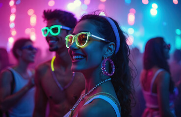 Students enjoy neon glow party with vibrant atmosphere, colorful lights. Young people celebrate nightlife dancing, smile, laugh, wear glowing accessories. University students fun, express joy at