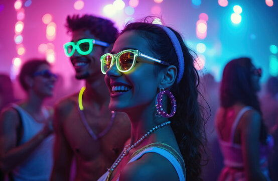 Students enjoy neon glow party with vibrant atmosphere, colorful lights. Young people celebrate nightlife dancing, smile, laugh, wear glowing accessories. University students fun, express joy at