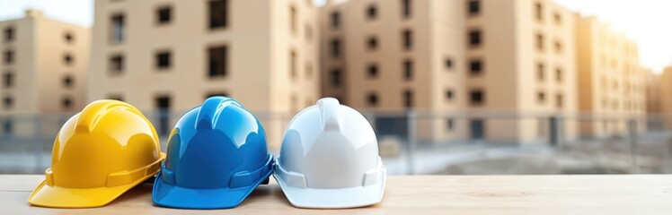 Construction site safety concept. Yellow, blue, white hard hats on wooden surface, buildings background. Head protection equipment for workers, engineers, builders. Construction business. Civil