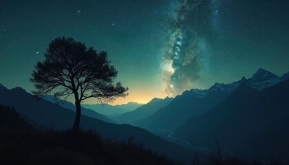 Fototapeta premium Starry night sky illuminates mountain range. Silhouette of single tree against Milky Way galaxy. Blue, green color palette. Atmospheric tranquil scene evokes dreamy mood, immense cosmic beauty.