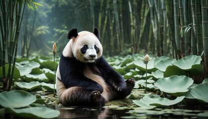 Obraz premium Panda relaxing by a serene pond surrounded by bamboo and lotus flowers in a tranquil forest setting