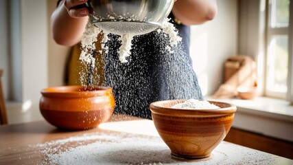 Close-Up of Flour Being Sifted into a Wooden Bowl on a Kitchen Table