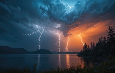 Lightning Strikes Over Calm Lake with Forest and Colorful Sky