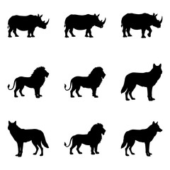 Wildlife Silhouettes: Rhino, Lion, and Wolf Figures in Diverse Poses