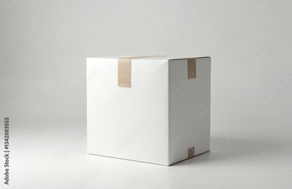 Poster white cardboard box on white background. postal packaging. cube shape with adhesive tape. closed con
