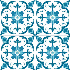  simple flat 2D vector seamless pattern, Sicilian ceramic style tile with Mediterranean sea-green ornamental elements on a white background, vector design