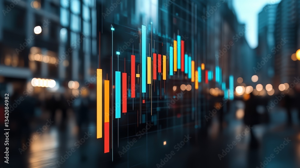 Aufkleber colorful graph of stock market trends is displayed on a screen in a city. the image captures the hus