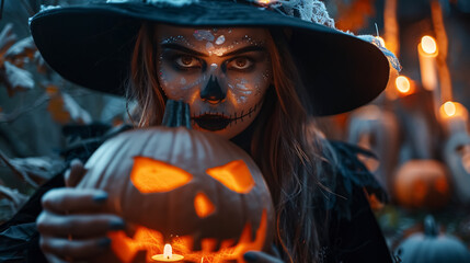 Scary spooky Halloween season, featuring a monster skull and crossbones, Halloween witch with a pumpkin, and an October-themed background.