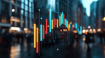 Colorful graph of stock market trends is displayed on a screen in a city. The image captures the hustle and bustle of a busy urban environment, with people walking and going about their daily lives
