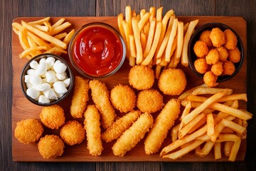 A variety of fried snacks including chicken nuggets, mozzarella sticks, and crispy fries are arranged on a wooden board. Ketchup is served in bowls for dipping, perfect for sharing at a party